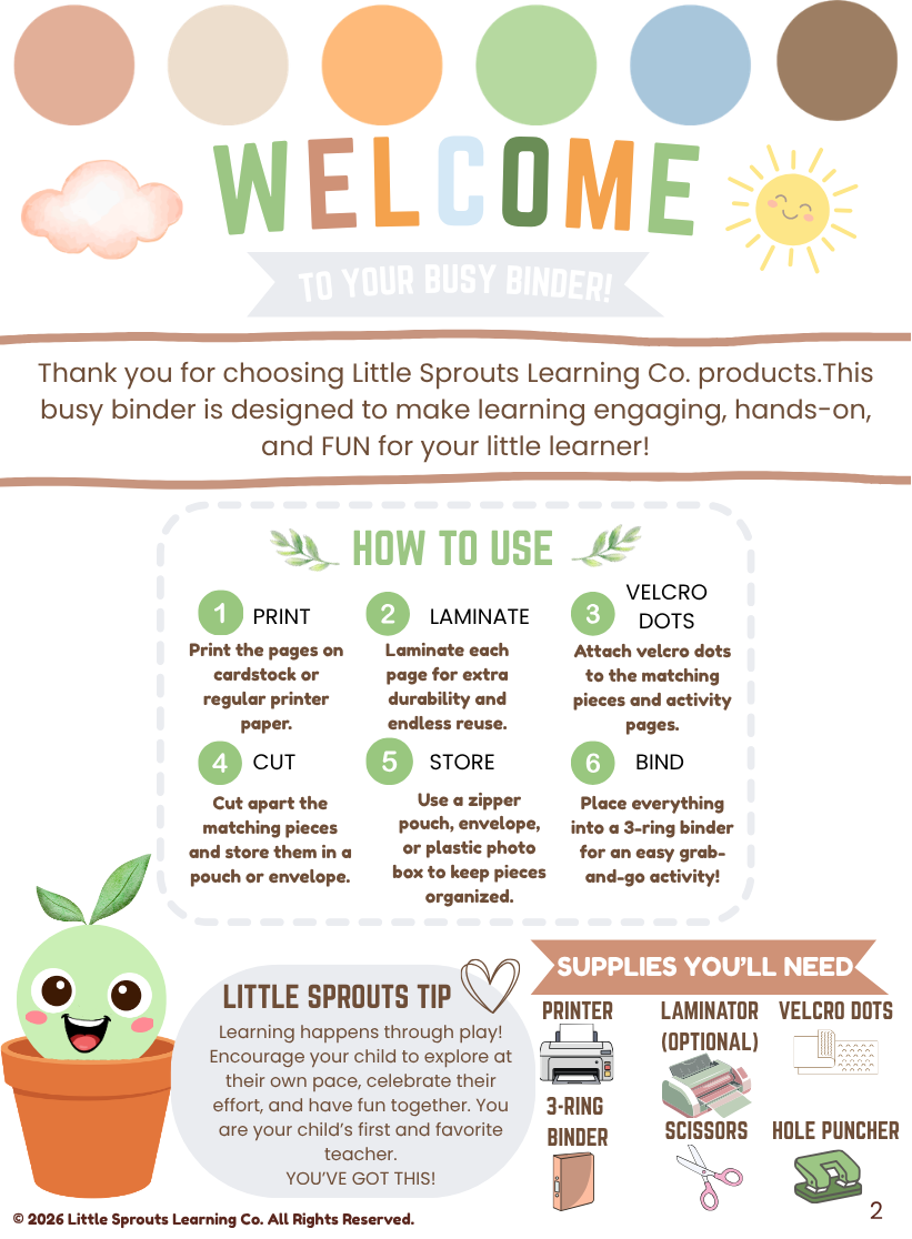 Little Learners Busy Binder | Toddler Printable Activities | Ages 2–4 | Little Sprouts Learning Co.